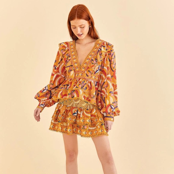 FARM RIO Palms Party Yellow Ruffled Blouse - Picture 5 of 9